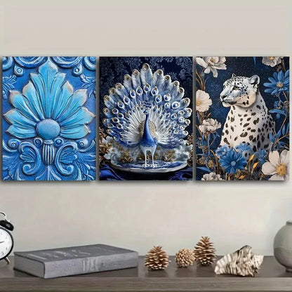 3pcs Elegant Blue Peacock And White Leopard Wall Art Set Canvas Framed 60x90cm - High Quality Print 100% Australian Made Wall Canvas Ready to Hang