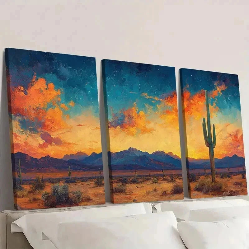3pcs Painting of Saguaro Cactus Colorful Desert Wall Art Set Canvas Framed 40x60cm - High Quality Print 100% Australian Made Wall Canvas Ready to Hang