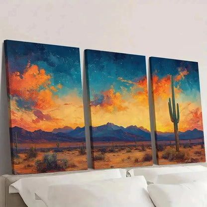 3pcs Painting of Saguaro Cactus Colorful Desert Wall Art Set Canvas Framed 40x60cm - High Quality Print 100% Australian Made Wall Canvas Ready to Hang
