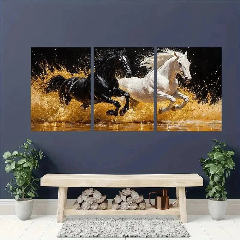 3pcs Black & White Horses with Golden Accents Wall Art Set Canvas Framed 40x60cm - High Quality Print 100% Australian Made Wall Canvas Ready to Hang