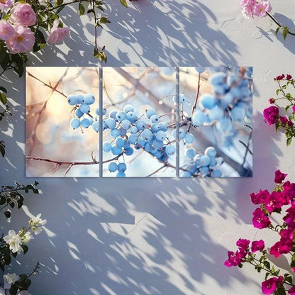 3pcs Blue Berries on Brambles Nature-Inspired Metal Print Ready to Hang Art