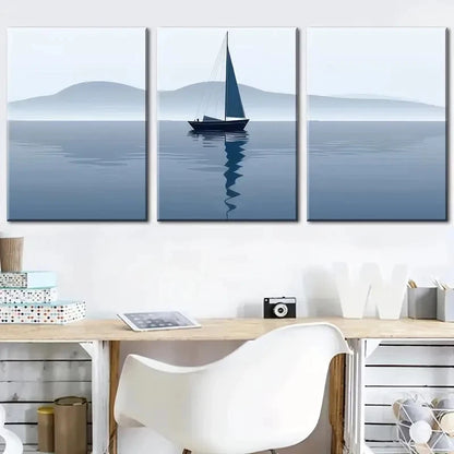 3pcs Lake Mountain Yacht Sailing Scenery Metal Print Ready to Hang Art