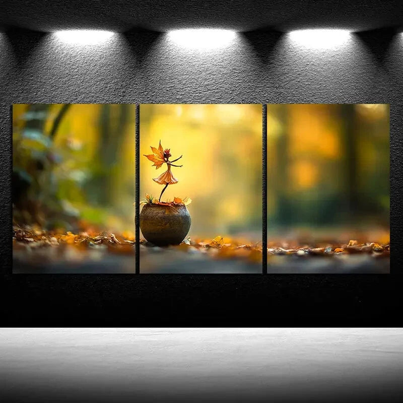 3pcs Girl Dancing in the Forest Leaf Metal Print Ready to Hang Art