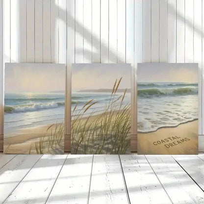 3pcs Beach Waves & Pampas Grass Wall Art Set Canvas Unframed - High Quality Print 100% Australian Made Wall Canvas