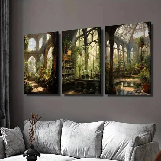 3pcs Exotic Floral Botanical Greenhouse Wall Art Set Canvas Framed 50x70cm - High Quality Print 100% Australian Made Wall Canvas Ready to Hang
