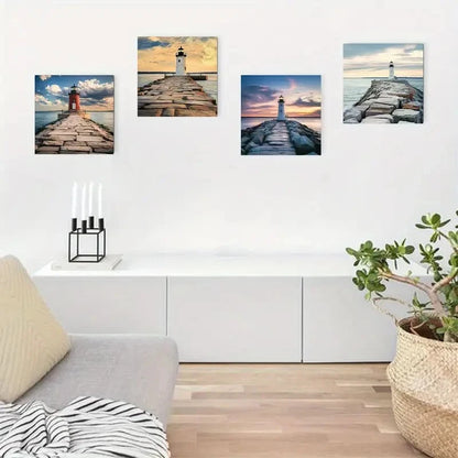 4pcs Charming Lighthouse By The Sea Morning Scen Wall Art Canvas Framed