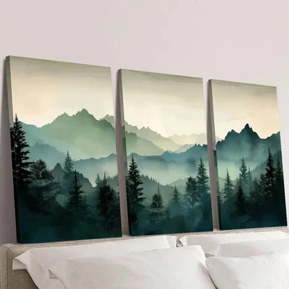 3pcs Foggy Mountains and Forest Landscape Wall Art Set Canvas Unframed - High Quality Print 100% Australian Made Wall Canvas