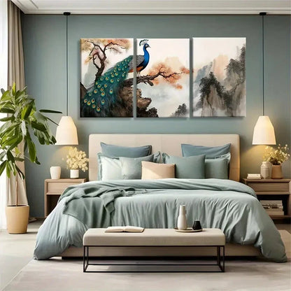 3pcs Elegant Oriental Bird and Nature Metal Print Ready to Hang Art