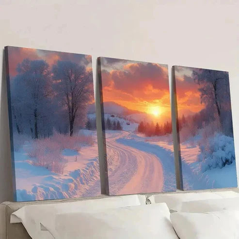 3pcs Sunset Winter Cowboy Trail Landscape Wall Art Set Canvas Unframed - High Quality Print 100% Australian Made Wall Canvas