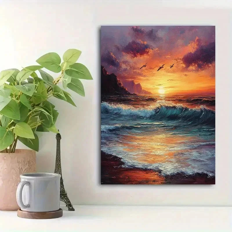 Beautiful Vibrant Coastal Beach Waves Painting 40x60cm Metal Print Ready to Hang