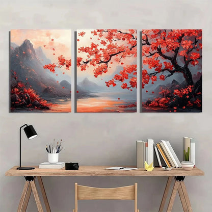 3pcs Cherry Blossom Pink Modern Leaves Metal Print Ready to Hang Art