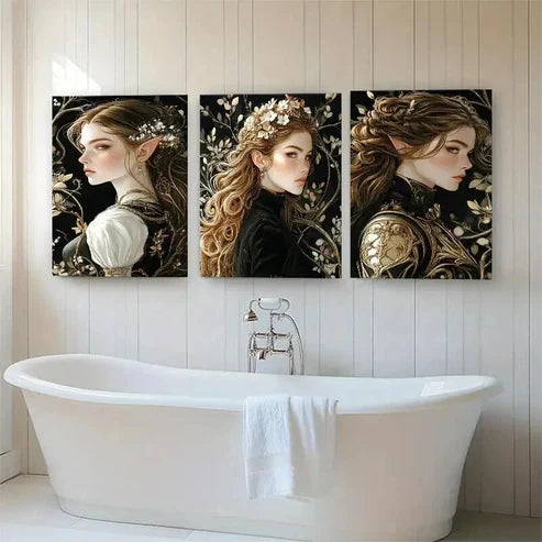 3pcs Enchanted Elven Golden Floral Women Perfect Wall Art Set Canvas Unframed - High Quality Print 100% Australian Made Wall Canvas