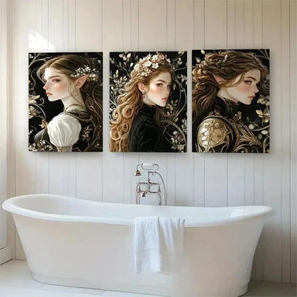 3pcs Enchanted Elven Golden Floral Women Perfect Wall Art Set Canvas Unframed - High Quality Print 100% Australian Made Wall Canvas