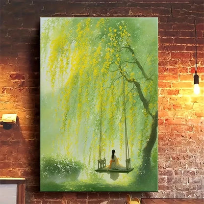 Woman Swinging Under Blossoming Tree Metal Print Ready to Hang