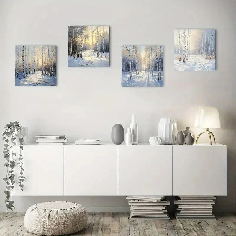4pcs Sunrise Birch Tree Forest Scenery Wall Art Canvas Framed