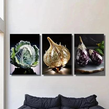 3pcs Cabbage Crystal Garlic Eggplant Wall Art Canvas Unframed - High Quality Print 100% Australian Made Wall Canvas