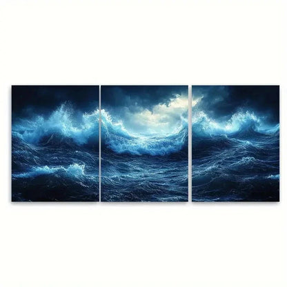3pcs Sea Foam Waves Storm Seascape VB  Wall Art Set Canvas Framed 50x70cm - High Quality Print 100% Australian Made Wall Canvas Ready to Hang