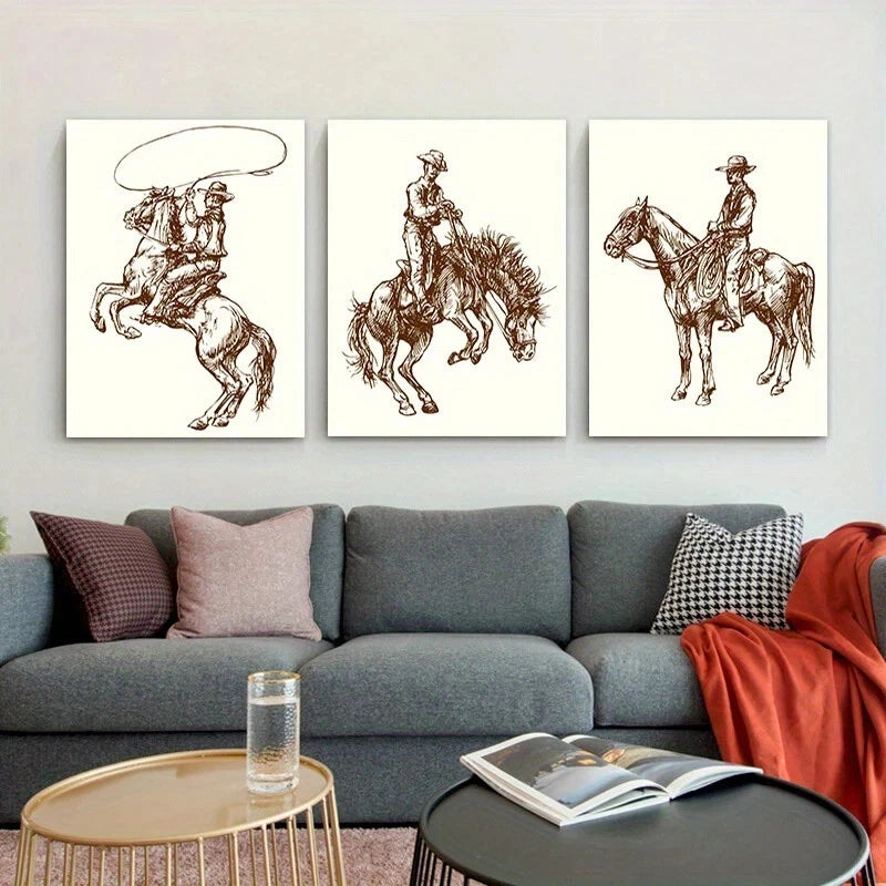 3pcs Faux Denim Texture Horse Riding Metal Print Ready to Hang Art - Bella Home Decor