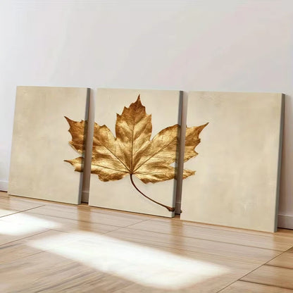 3pcs Golden Maple Leaf Elegant Nature  Wall Art Set Canvas Framed 60x90cm - High Quality Print 100% Australian Made Wall Canvas Ready to Hang