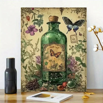 Green Glass Bottle with a Herbarium, Herbs And Dried 40x60cm Metal Print Ready to Hang