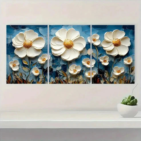 3pcs White Flower & Wildflower Impasto Wall Art Canvas Unframed – High Quality Print 100% Australian Made Wall Canvas