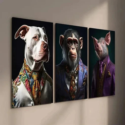 3pcs Bulldog Monkey Pig Wearing Clothes Wall Art Set Canvas Unframed - High Quality Print 100% Australian Made Wall Canvas