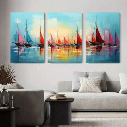 3pcs Colorful Yachts on Calm Water Metal Print Ready to Hang Art