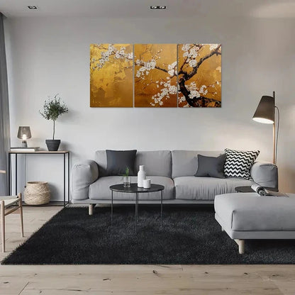 3pcs Golden White Cherry Blossom Metal Print Ready to Hang Art