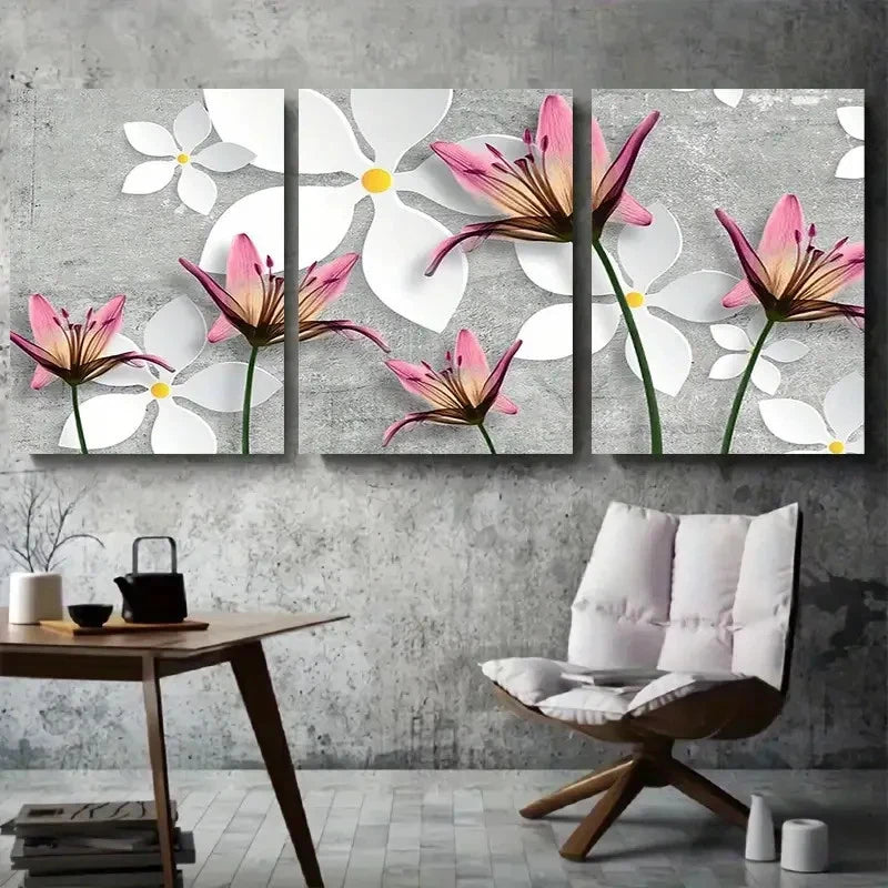 3pcs Pink Lily & White Floral Abstract Metal Print Ready to Hang Art