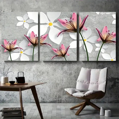 3pcs Pink Lily & White Floral Abstract Metal Print Ready to Hang Art