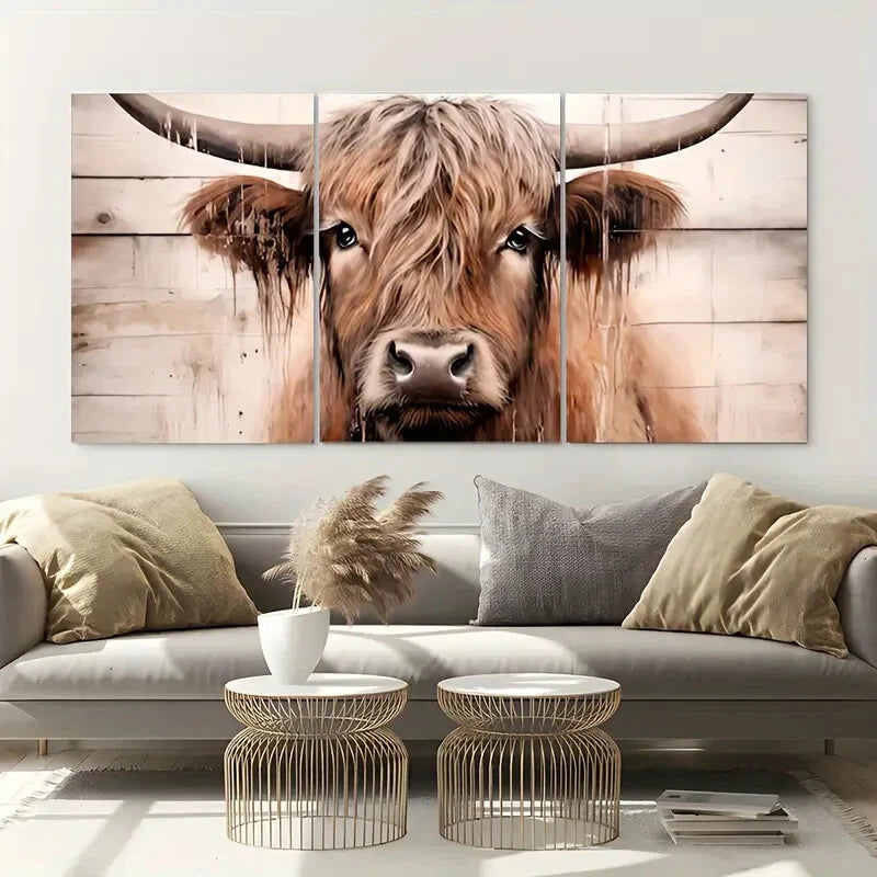 3pcs Highland Cattle Farm Animal Painting Metal Print Ready to Hang Art