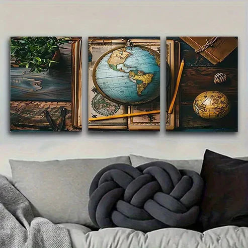 3pcs Vintage Globe And Map Wall Art Set Canvas Unframed - High Quality Print 100% Australian Made Wall Canvas