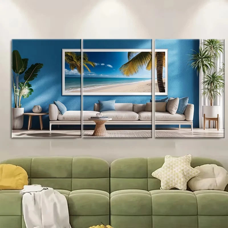 3pcs Caribbean Scene with Palm Trees & Ocean View Metal Print Ready to Hang Art