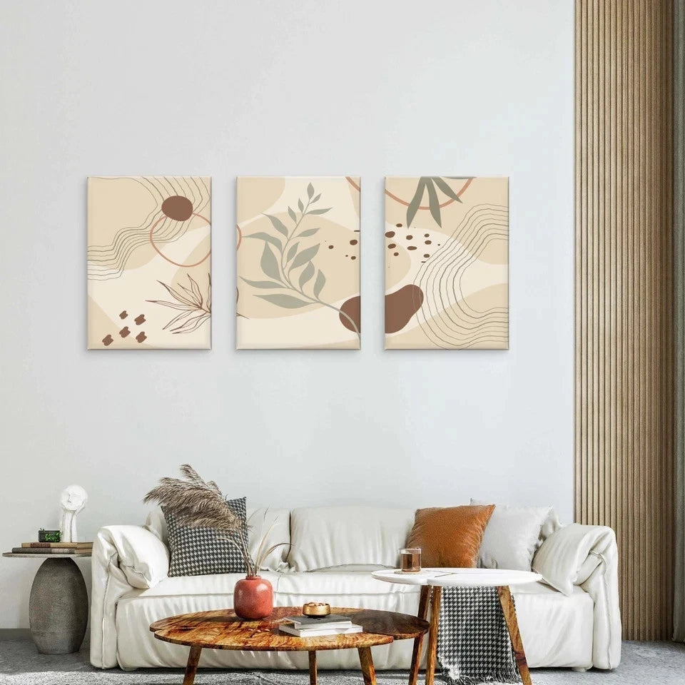 3pcs Neutral Botanical Abstract Shapes Wall Art Set Canvas Framed 60x90cm - High Quality Print 100% Australian Made Wall Canvas Ready to Hang