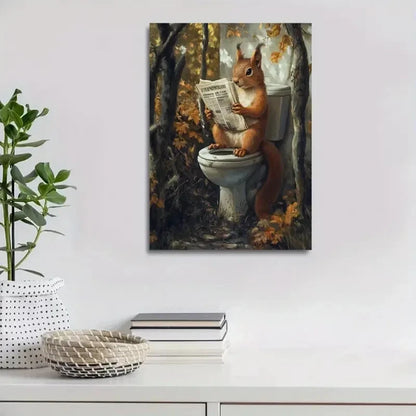 Fantasy Forest Animal Reading Newspaper Painting 40x60cm Metal Print Ready to Hang