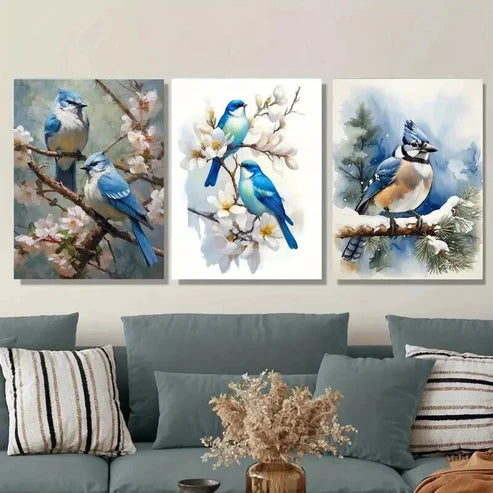 3pcs Blue Birds On Cherry Blossom Modern Classic Wall Art Set Canvas Unframed - High Quality Print 100% Australian Made Wall Canvas