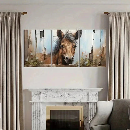 3pcs Rustic Fence Flowers & Horse Landscape Metal Print Ready to Hang Art