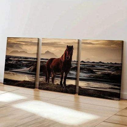3pcs Brown Horse Near a River & Sunset Wall Art Set Canvas Framed 40x60cm - High Quality Print 100% Australian Made Wall Canvas Ready to Hang