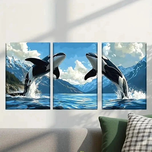 3pcs Two Killer Whales Jumping Out Wall Art Set Canvas Framed 40x60cm - High Quality Print 100% Australian Made Wall Canvas Ready to Hang