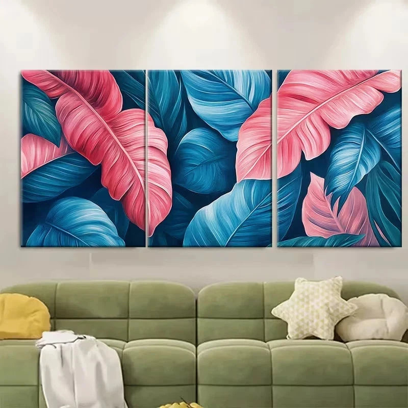 3pcs Bright Pink Blue Teal Exotic Leaves Wall Art Set Canvas Framed 40x60cm - High Quality Print 100% Australian Made Wall Canvas Ready to Hang