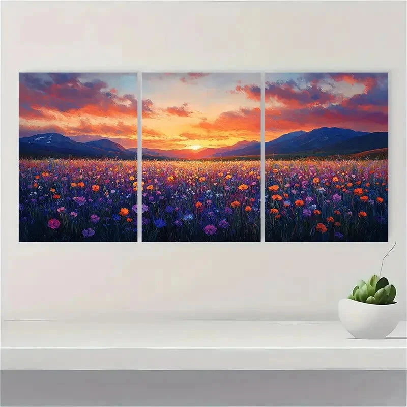 3pcs Sunset Wildflower Textured Metal Print Ready to Hang Art