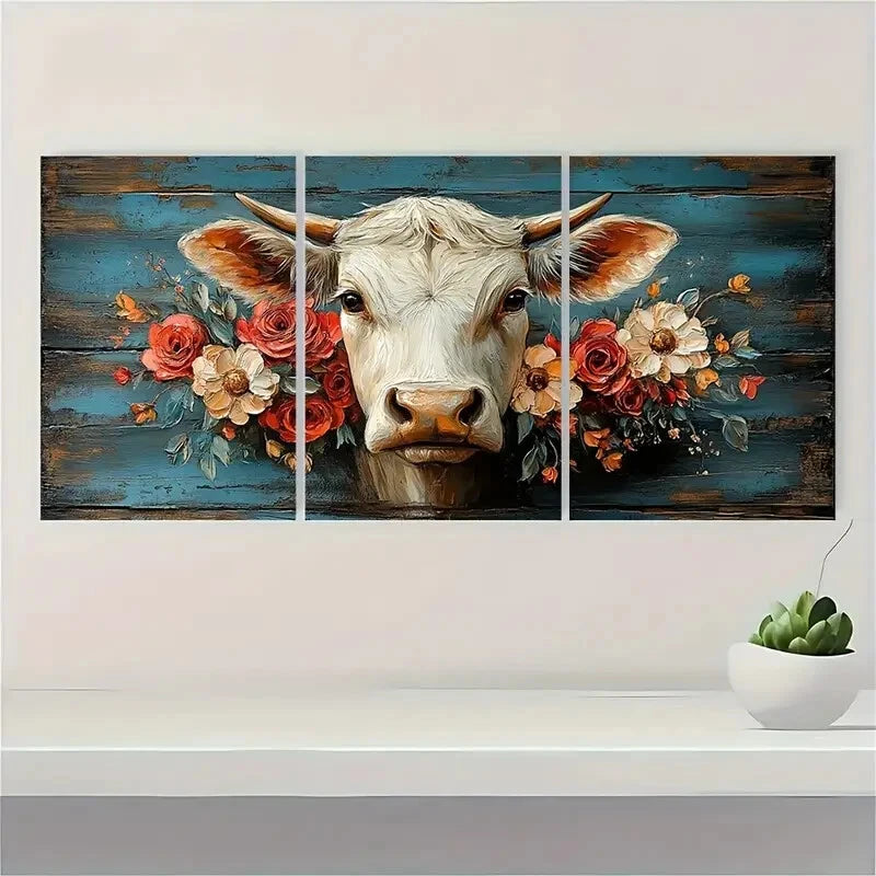 3pcs Charming land Cow Rustic Whimsical Vibrant Metal Print Ready to Hang Art