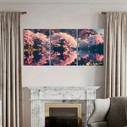 3pcs Japanese Sakura Lake Modern Wall Art Set Canvas Framed 40x60cm - High Quality Print 100% Australian Made Wall Canvas Ready to Hang