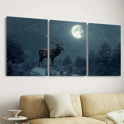 3pcs Serene Winter Forest Scene with Stag Wall Art Set Canvas Framed 60x90cm - High Quality Print 100% Australian Made Wall Canvas Ready to Hang