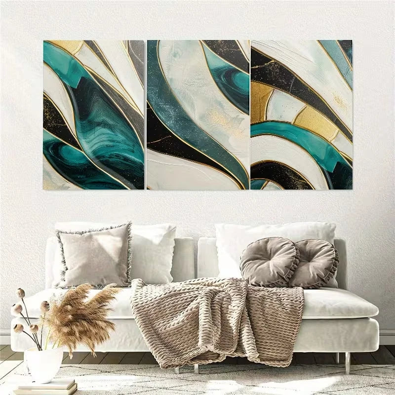 3pcs Abstract Golden & Green Geometric Wall Art Set Canvas Framed 40x60cm - High Quality Print 100% Australian Made Wall Canvas Ready to Hang