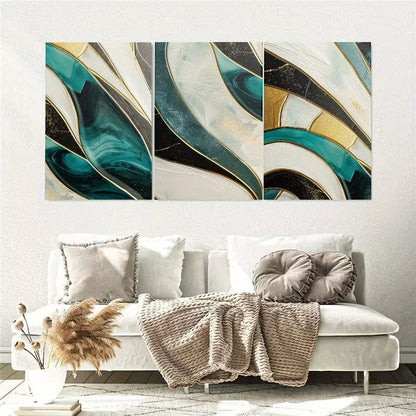 3pcs Abstract Golden & Green Geometric Wall Art Set Canvas Framed 40x60cm - High Quality Print 100% Australian Made Wall Canvas Ready to Hang