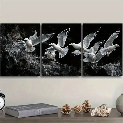 3pcs Seagulls Flying Birds Black & White Metal Print Ready to Hang Art