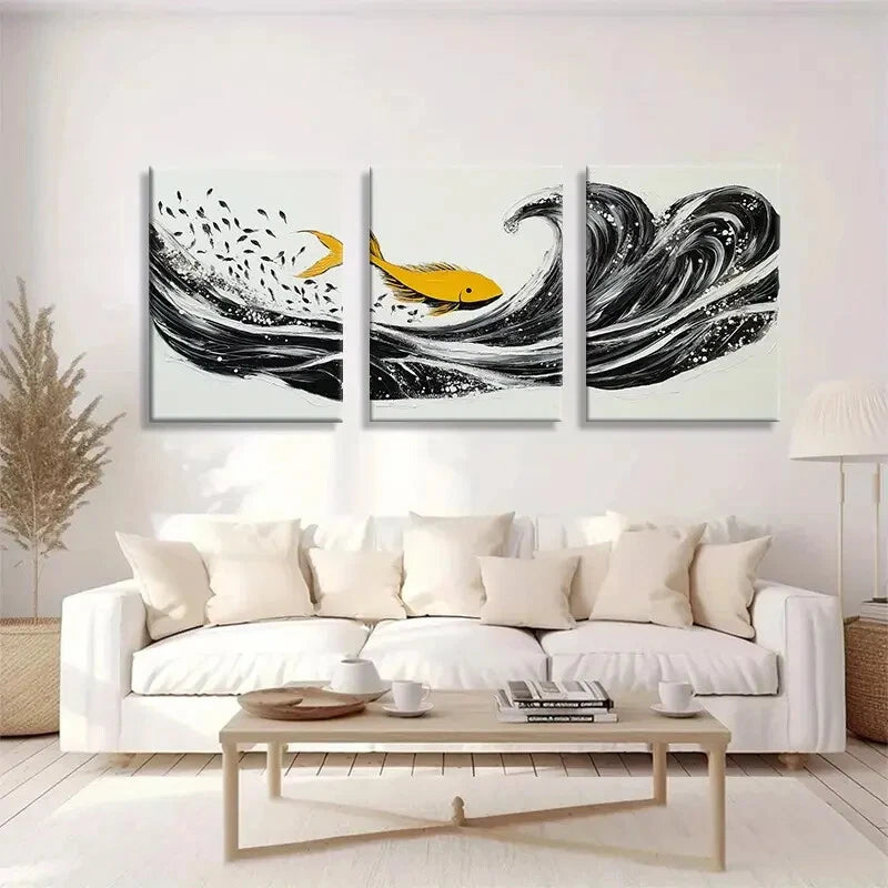3pcs Modern Abstract Golden Fish Ocean Wave Metal Print Ready to Hang Art