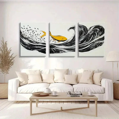 3pcs Modern Abstract Golden Fish Ocean Wave Metal Print Ready to Hang Art