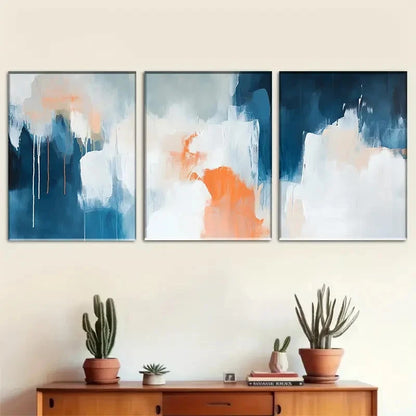 3pcs Abstract Blue Orange & White Metal Print Ready to Hang Art